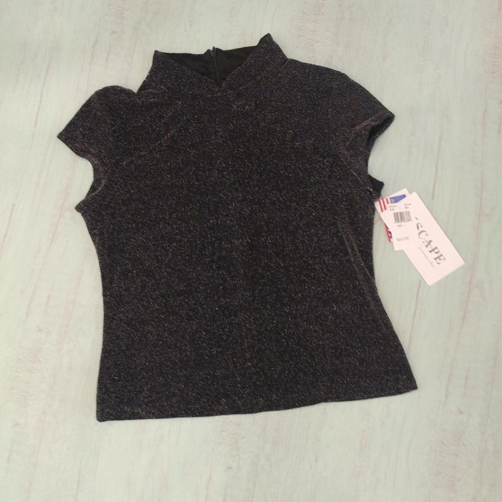 Xscape Black Metallic Short Sleeve Mock Neck Top